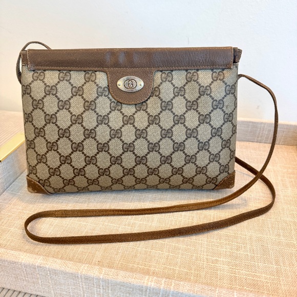 Gucci Vintage Crossbody Coated Canvas Shoulder Bag GG Monogram Leather Trim - Picture 4 of 17